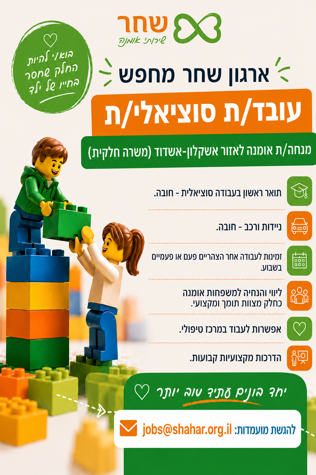 מנחה/ת אומנה לאזור אשקלון ואשדוד הזדמנות להצטרפות לצוות מקצועי, מחויב ומשפיע. ארגון 